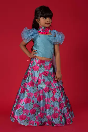 Ruffled Sleeves crop top with dupatta and Lahenga
