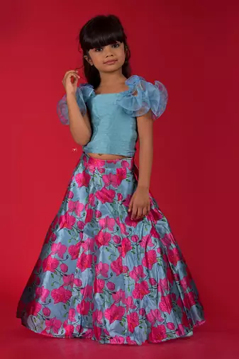 Ruffled Sleeves crop top with dupatta and Lahenga