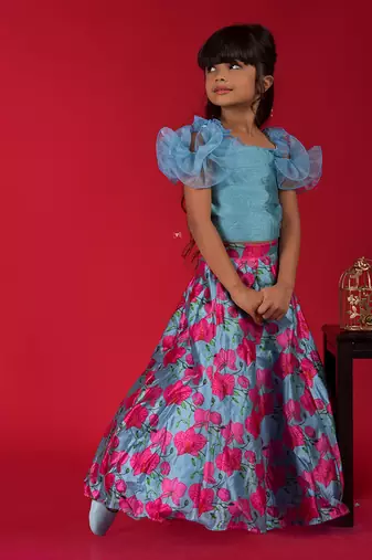Ruffled Sleeves crop top with dupatta and Lahenga