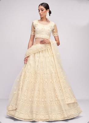 Off White Net Heavy Stone Embroidery Bridal Lehengas 1