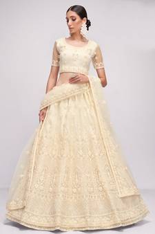 Off White Net Heavy Stone Embroidery Bridal Lehengas