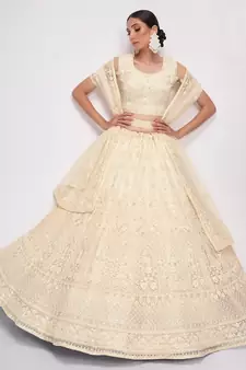 Off White Net Heavy Stone Embroidery Bridal Lehengas