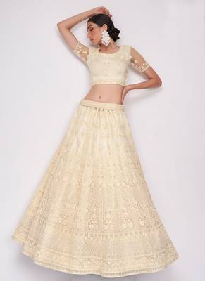 Off White Net Heavy Stone Embroidery Bridal Lehengas 3