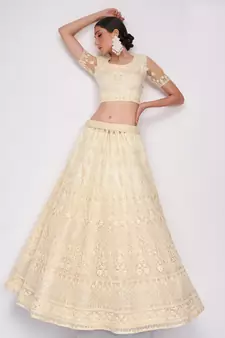 Off White Net Heavy Stone Embroidery Bridal Lehengas