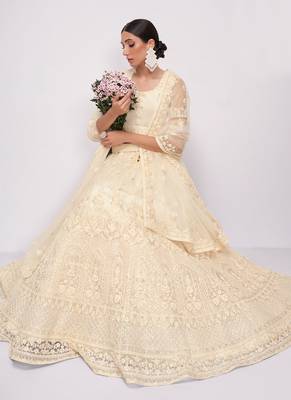 Off White Net Heavy Stone Embroidery Bridal Lehengas 5