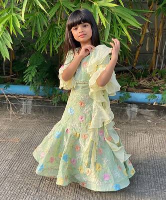 Green Embroidered Crop top with Lehenga and Dupatta 1
