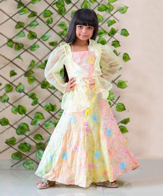 Peach crop top with Multicolor lahenga and Jacket 1