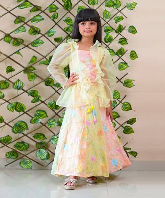Peach crop top with Multicolor lahenga and Jacket 2