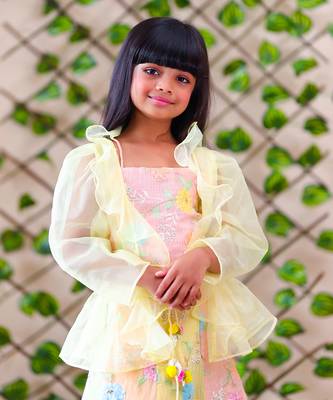 Peach crop top with Multicolor lahenga and Jacket 3