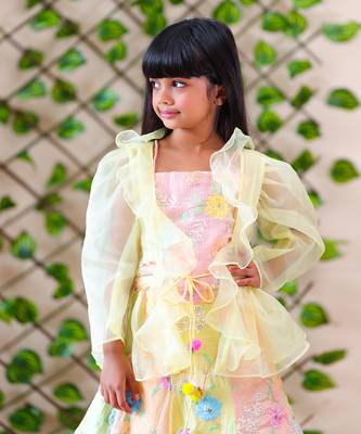 Peach crop top with Multicolor lahenga and Jacket 4