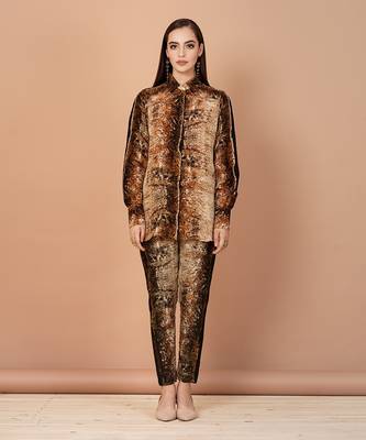 Beige,Brown And Gold Shirt And Pants Set 1