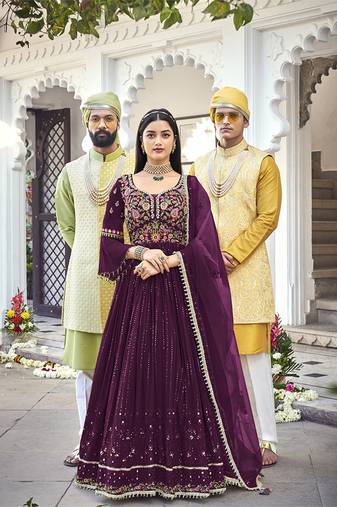 Wine Embroidered Mehndi Trendy Salwar Kameez