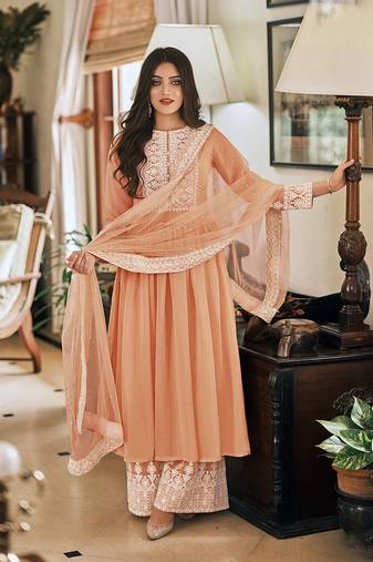Peach Color Georgette Embroidered Party Salwar Suit