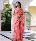 Peony Handpainted Chiffon Saree with Blouse