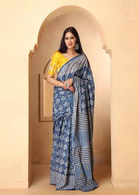 Rina Indigo Dabu Print Cotton Saree with Blouse 1