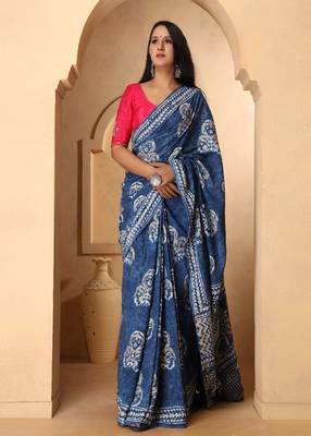 Riya Indigo Dabu Print Cotton Saree with Blouse 1
