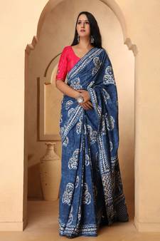 Riya Indigo Dabu Print Cotton Saree with Blouse