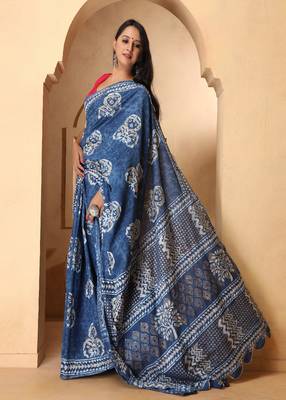 Riya Indigo Dabu Print Cotton Saree with Blouse 2