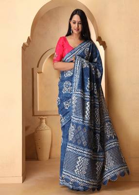 Riya Indigo Dabu Print Cotton Saree with Blouse 4
