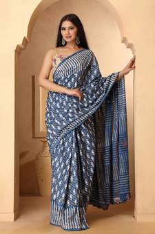 Rosy Indigo Dabu Print Cotton Saree with Blouse