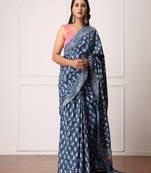 Ruby Indigo Dabu Print Cotton Saree with Blouse