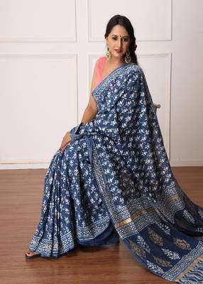 Ruby Indigo Dabu Print Cotton Saree with Blouse 2