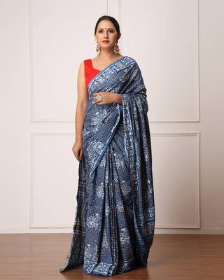 Nancy Indigo Dabu Print Cotton Saree with Blouse 1