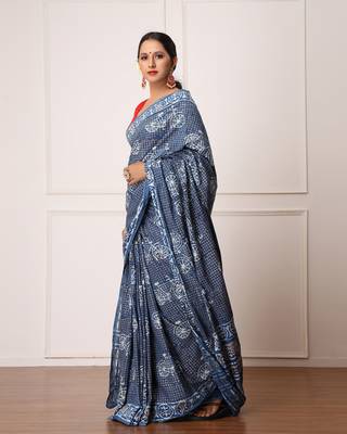Nancy Indigo Dabu Print Cotton Saree with Blouse 2