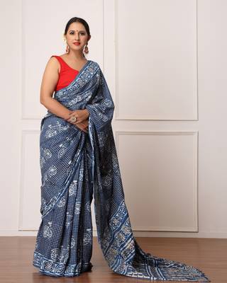 Nancy Indigo Dabu Print Cotton Saree with Blouse 3