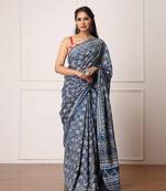 Natali Indigo Dabu Print Cotton Saree with Blouse