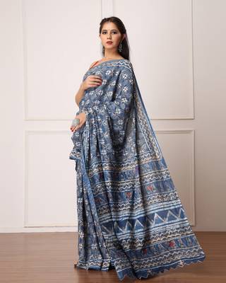 Natali Indigo Dabu Print Cotton Saree with Blouse 2
