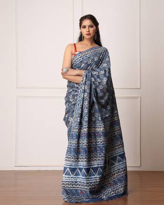 Natali Indigo Dabu Print Cotton Saree with Blouse 4