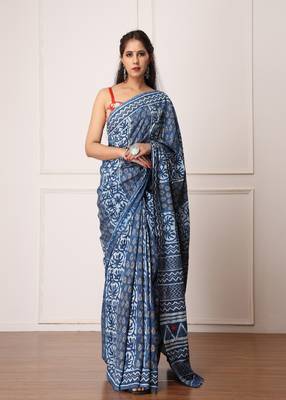 Navya Indigo Dabu Print Cotton Saree with Blouse 2