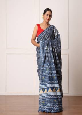 Nisha Indigo Dabu Print Cotton Saree with Blouse 2