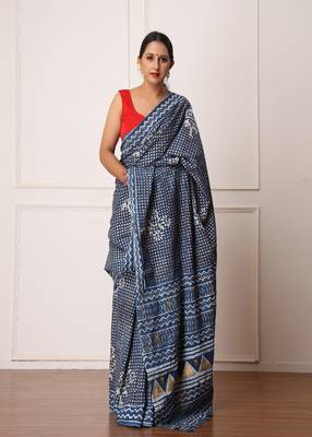 Nisha Indigo Dabu Print Cotton Saree with Blouse 3