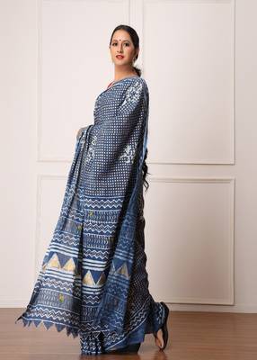 Nisha Indigo Dabu Print Cotton Saree with Blouse 5