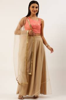 EthnoVog Ready To Wear Peach Sequins Embroidered N Beige Lehenga Set