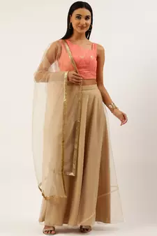 EthnoVog Ready To Wear Peach Sequins Embroidered N Beige Lehenga Set
