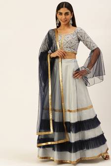 EthnoVog Ready To Wear Blue N Grey Sequence Embroidered Lehenga Set