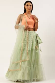 EthnoVog Ready To Wear Off White N Green Embroidered Lehenga With Side Bag