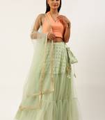 EthnoVog Ready To Wear Off White N Green Embroidered Lehenga With Side Bag