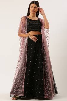 EthnoVog Ready To Wear Pink Foil Printed Cape Style Lehenga N Potli Bag