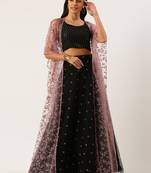 EthnoVog Ready To Wear Pink Foil Printed Cape Style Lehenga N Potli Bag