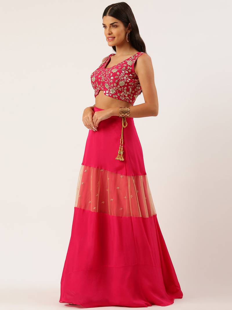 EthnoVog Ready To Wear Pink Embroidered Lehenga With Potli Bag