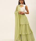 EthnoVog Ready To Wear White Embroidered N Green Layered Lehenga Set