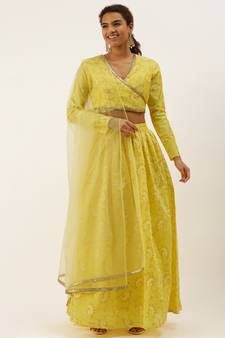 EthnoVog Ready To Wear Yellow Foil Printed Art Silk Gathered Lehenga Set