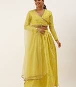 EthnoVog Ready To Wear Yellow Foil Printed Art Silk Gathered Lehenga Set