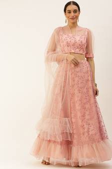 EthnoVog Ready To Wear Pink Foil Printed Net Lehenga Set