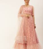 EthnoVog Ready To Wear Pink Foil Printed Net Lehenga Set