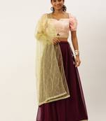 EthnoVog Ready To Wear Pink Jacquard N Burgundy Georgette Lehenga Set
